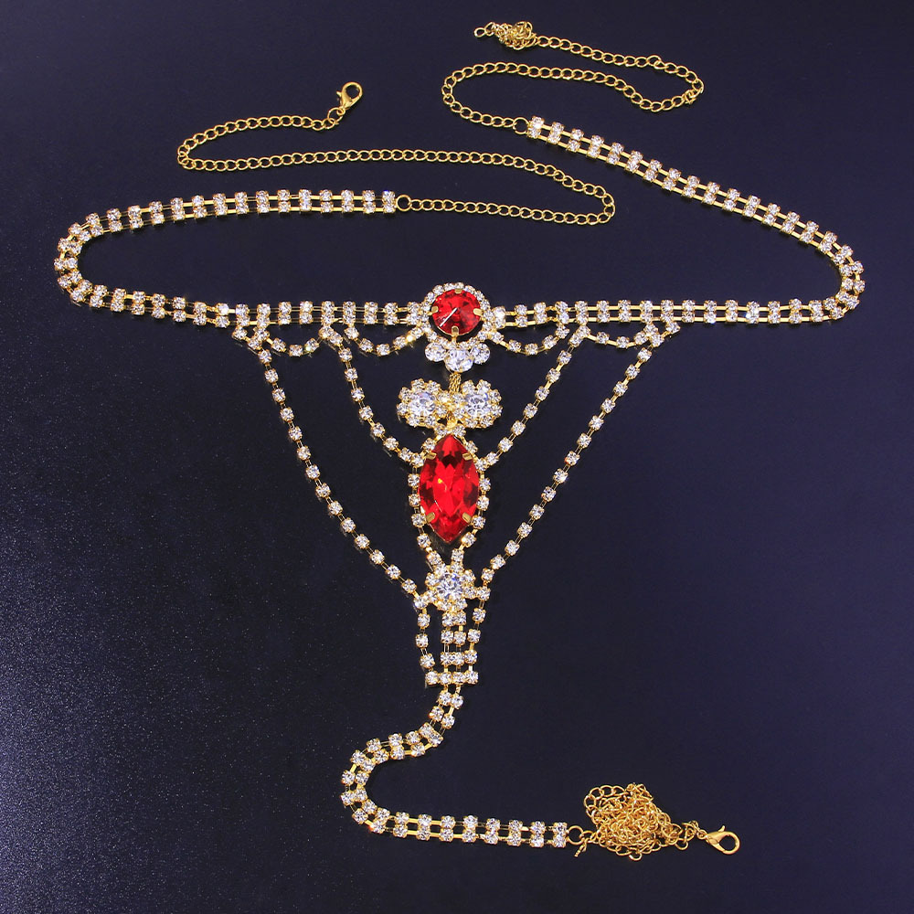 Elegant Rhinestone Thong Body Chain with Gold Crystal Detail